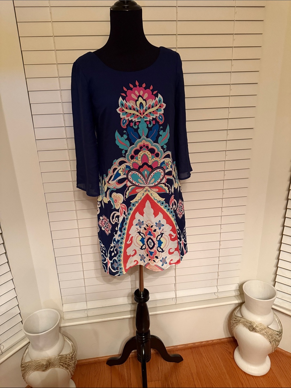 As U Wish Navy Floral Medallion Print Criss-Cross Back Long Sleeve Dress Size XS
